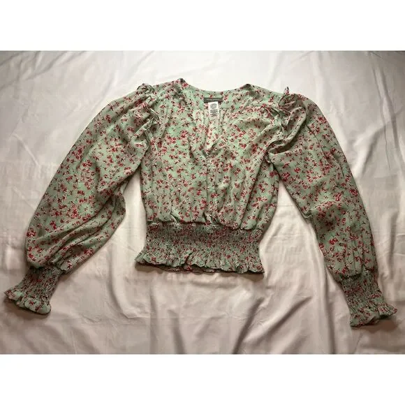Y2K Sans Souci Floral Sheer Ruffle V-Neckline Blouse Grannycore Preppy Spring - Picture 1 of 6